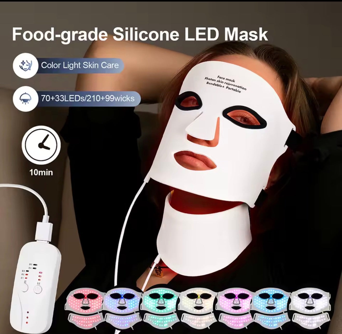 Silicone LED Mask Face With Neck 7 Colors LED Photon Red Light Infrared Therapy Flexible Facial Mask Repair Skin Wireless Use