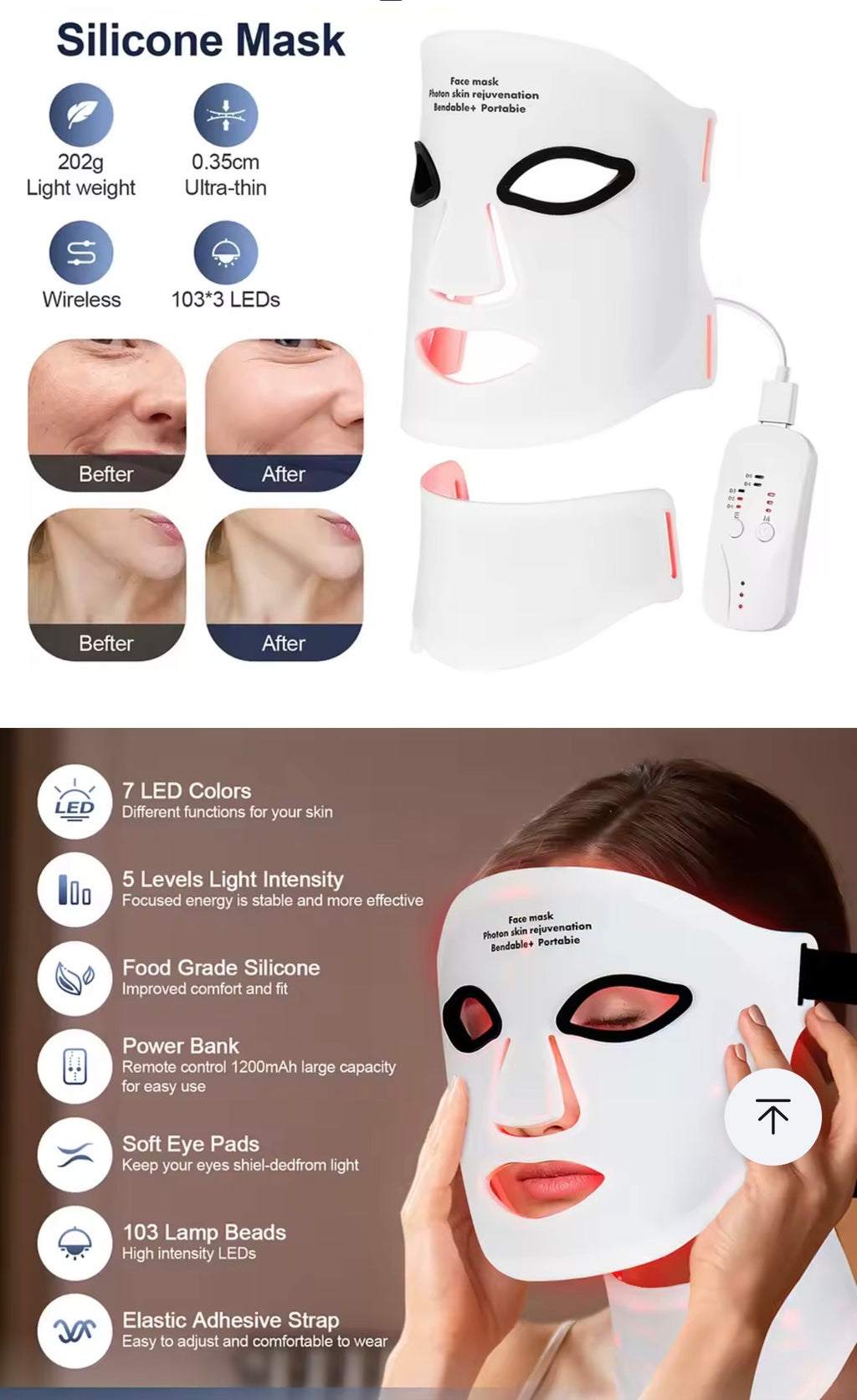 Silicone LED Mask Face With Neck 7 Colors LED Photon Red Light Infrared Therapy Flexible Facial Mask Repair Skin Wireless Use